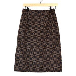 Vintage Alberto Makali Brown Black Jacquard Midi Skirt Size 4 Unicorn Art Deco